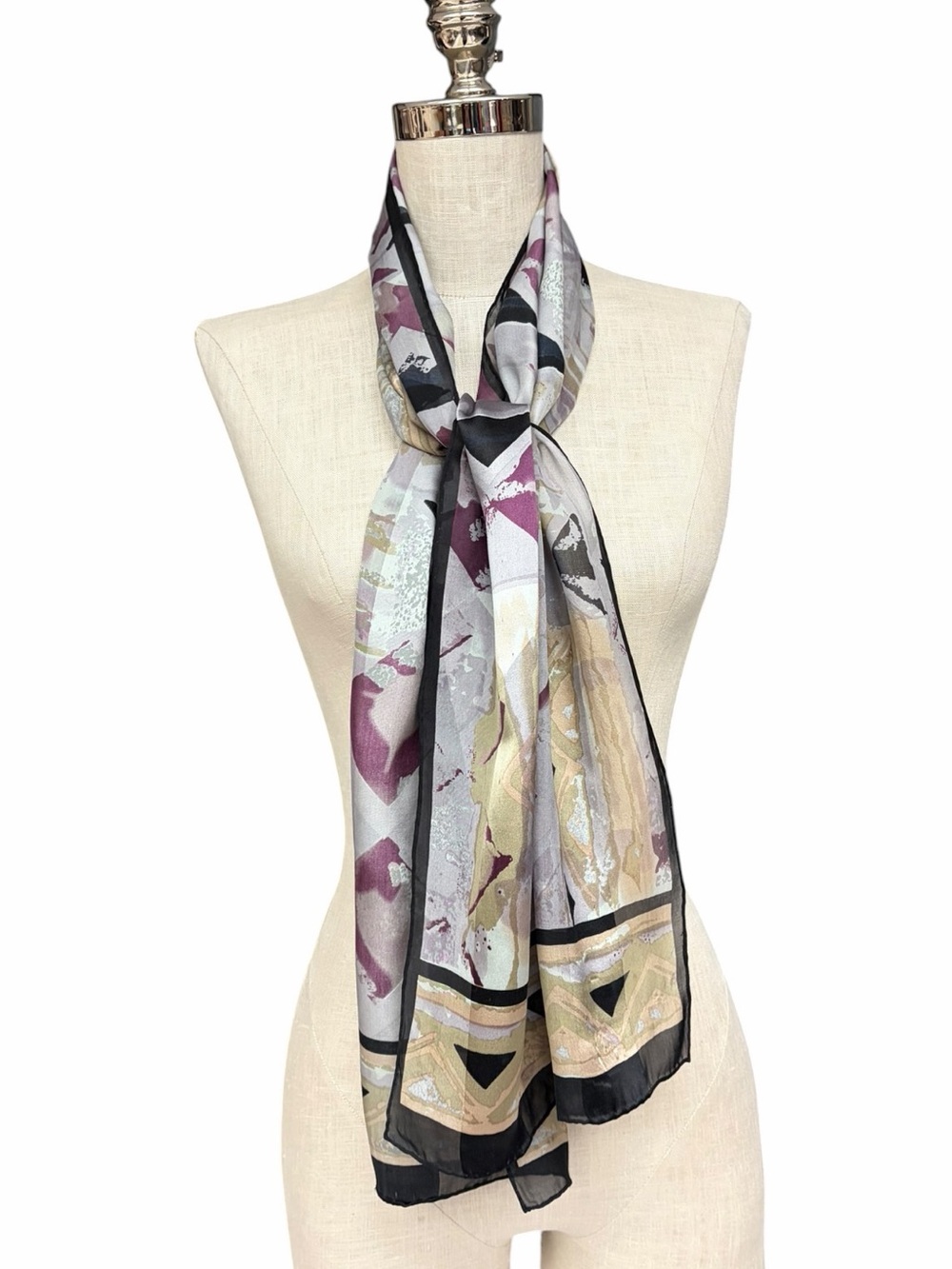 Vintage Bill Blass Silk Scarf Abstract Geometric Print Long Painterly Abstract - Picture 4 of 8